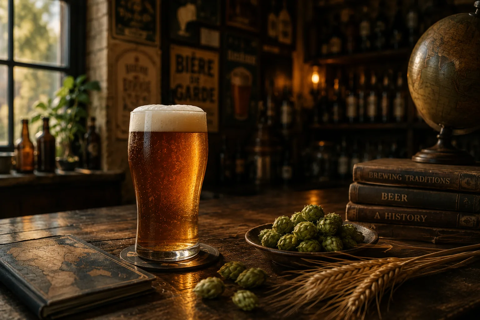 A pint of amber beer on a weathered wooden table beside fresh hops, barley stalks, and vintage brewing books in warm lamplight.