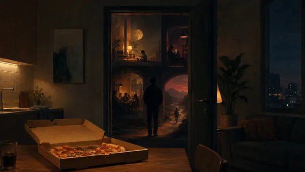 An open pizza box in a quiet apartment faces a dark doorway that expands into layered archetypal rooms and silhouettes.