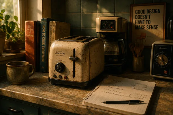 A vintage cream toaster on a kitchen counter beside handwritten design notes, with tactile Light, Medium, and Dark controls.
