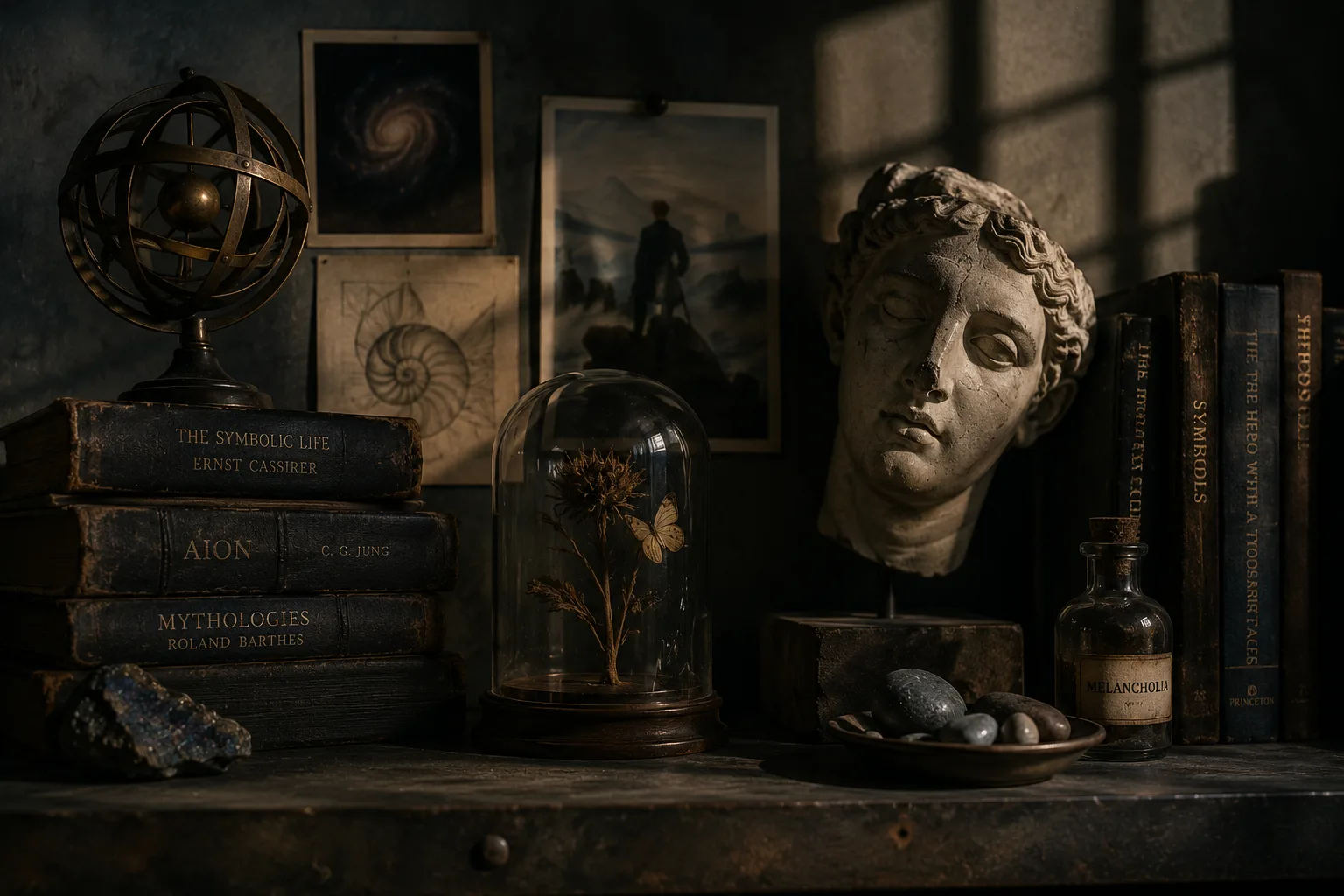 Scholarly still life with glass cloche, classical bust, galaxy print, and books by Cassirer, Jung, and Barthes.