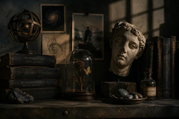 Scholarly still life with glass cloche, classical bust, galaxy print, and books by Cassirer, Jung, and Barthes.