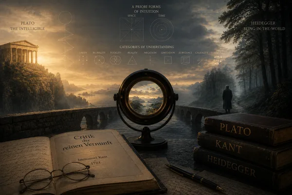 Stone bridge over mist with a brass viewing lens, Kant's Critique on an open book, and Plato and Heidegger volumes.
