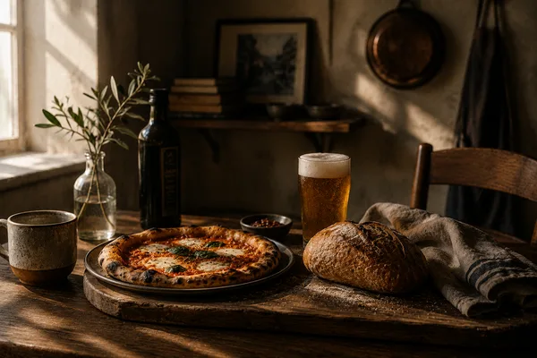 Neapolitan pizza, crusty bread, and amber beer on a rustic wooden table in warm side light.