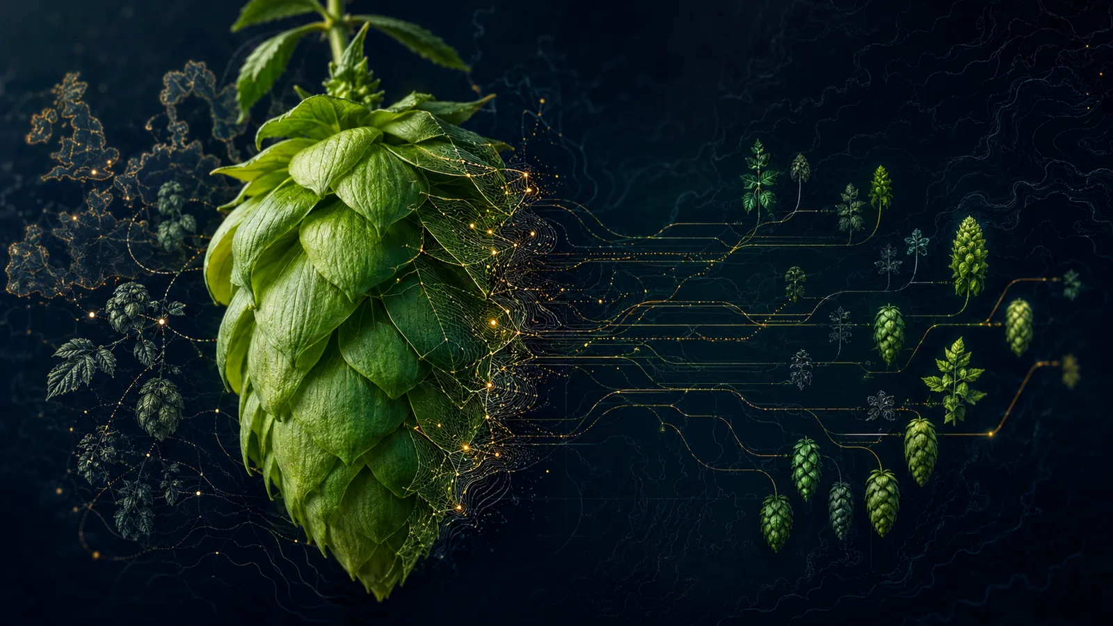 A botanical hop cone dissolving into topographic contours and breeding lineages in deep indigo, green, and amber.