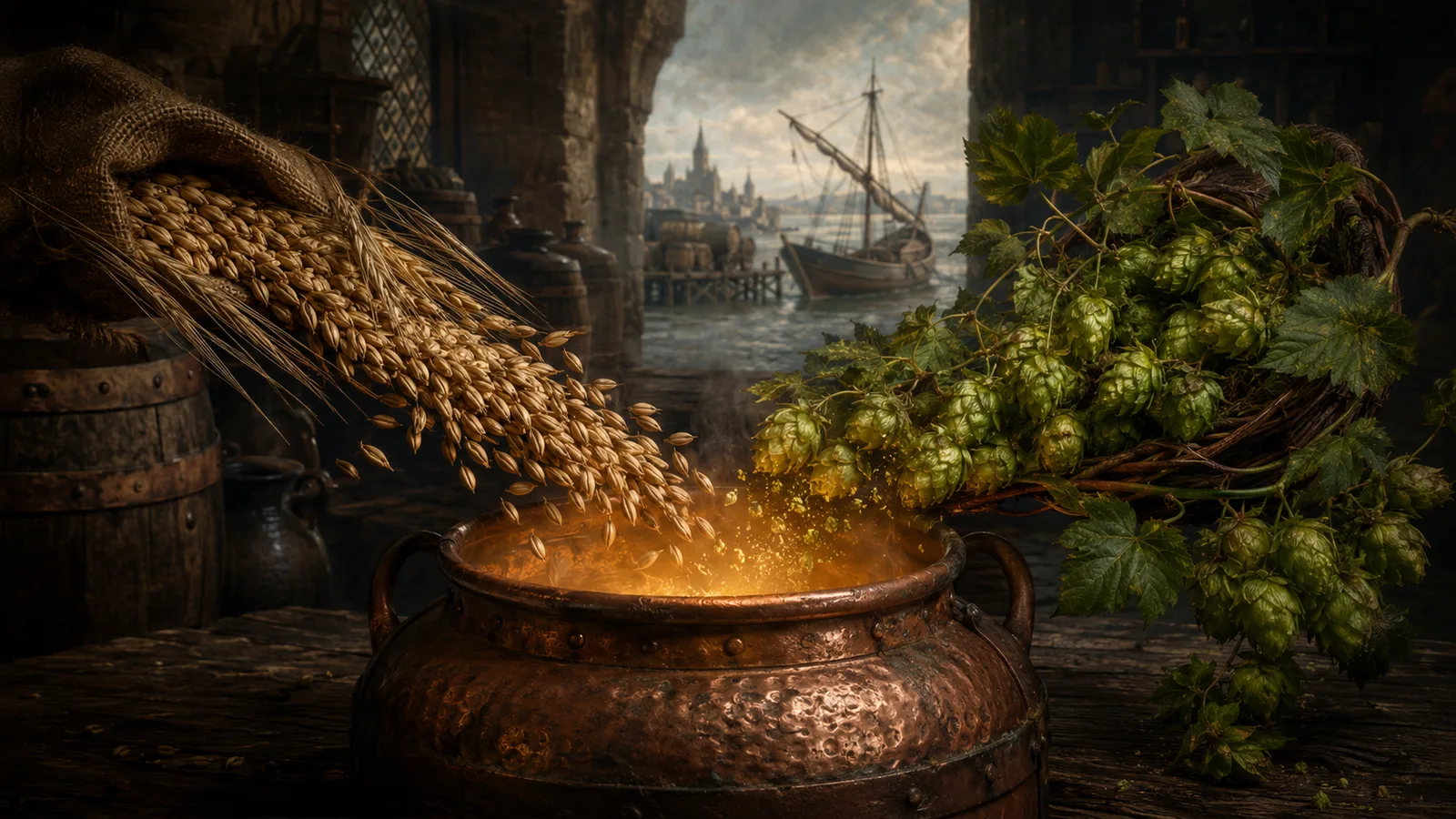 Malted barley and green hop cones meeting above a copper brewing vessel, with barrels and a medieval port in the distance.