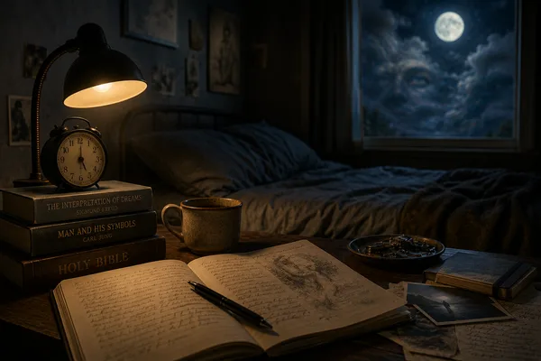 Night desk with Freud and Jung volumes, alarm clock, open dream journal, and a cloud-formed face in the moonlit window.