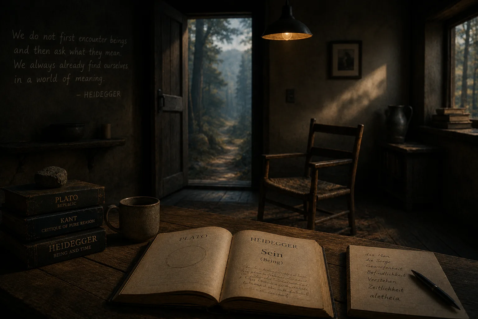 Dim cabin study with open door framing a forest path, Heidegger volumes, and handwritten notes on being-in-the-world.