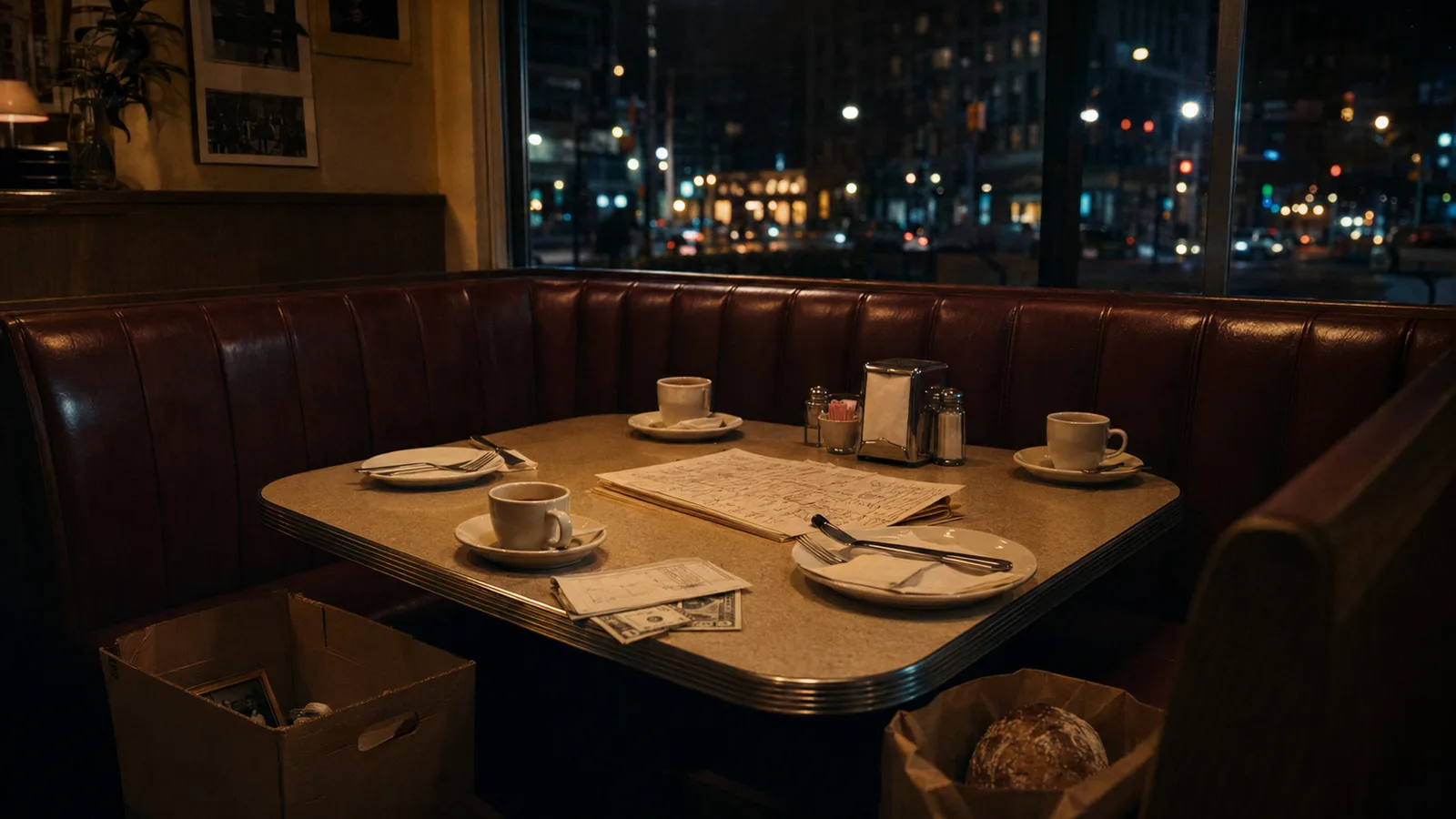 An empty four-person booth in a dim 1990s New York coffee shop, with coffee cups, a revised menu, a paycheck, a moving box, and a loaf of rye bread.