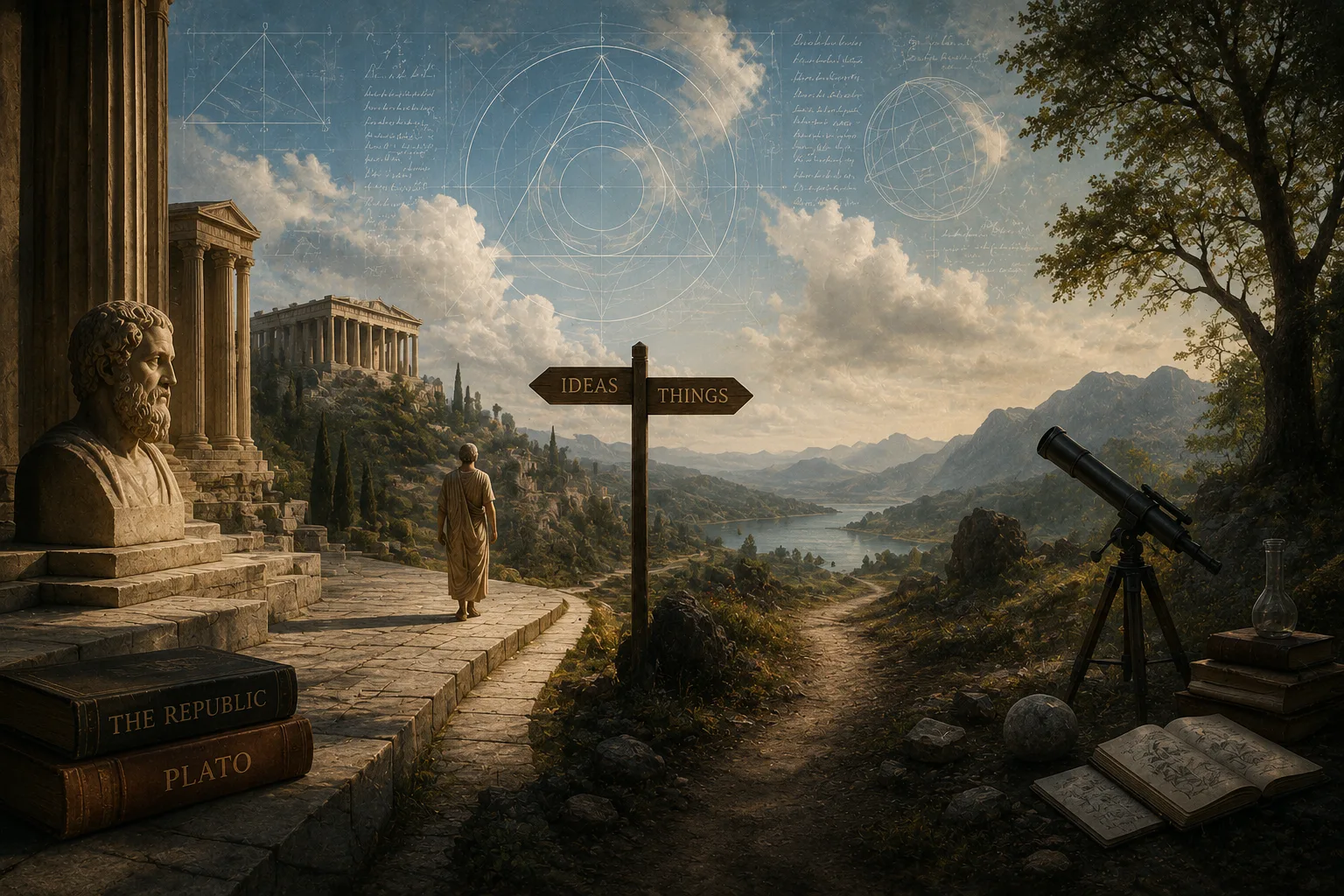 Classical landscape with a Plato bust, a forked road labeled Ideas and Things, and geometric diagrams in the sky.