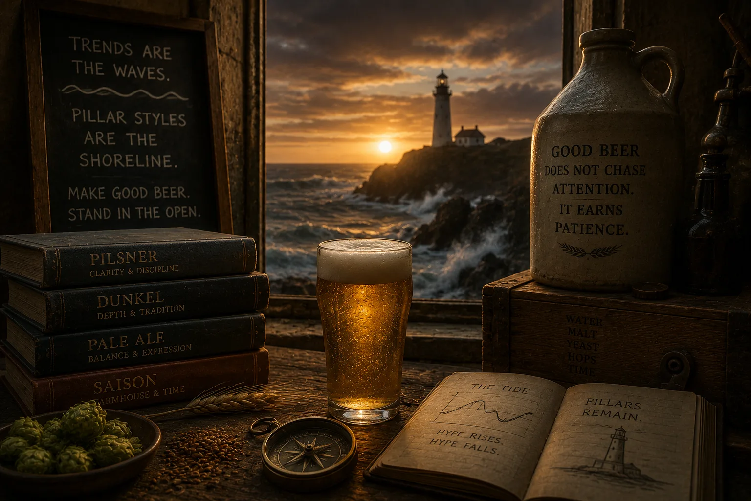 Golden beer beside vintage brewing books, coastal lighthouse sunset through a window, and tide charts.