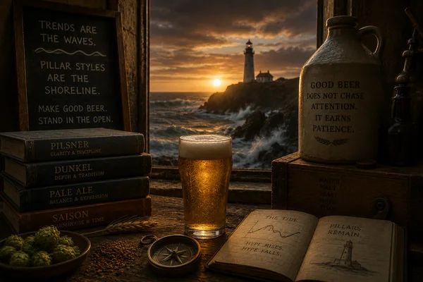 Golden beer beside vintage brewing books, coastal lighthouse sunset through a window, and tide charts.
