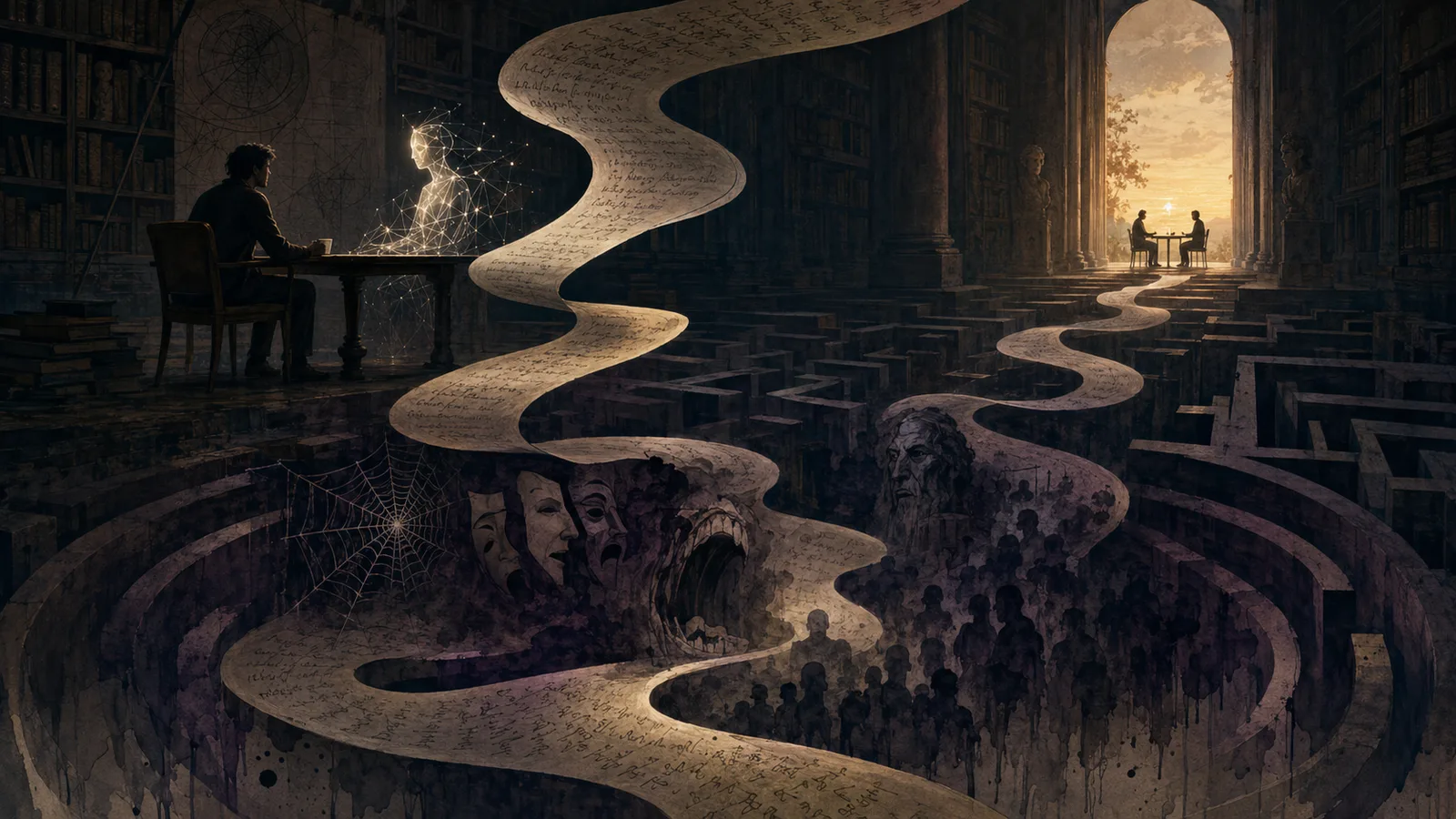 A winding parchment path leads from a dim study conversation with a neural figure through a stone labyrinth of masks and crowds toward two people meeting in a sunlit classical hall.