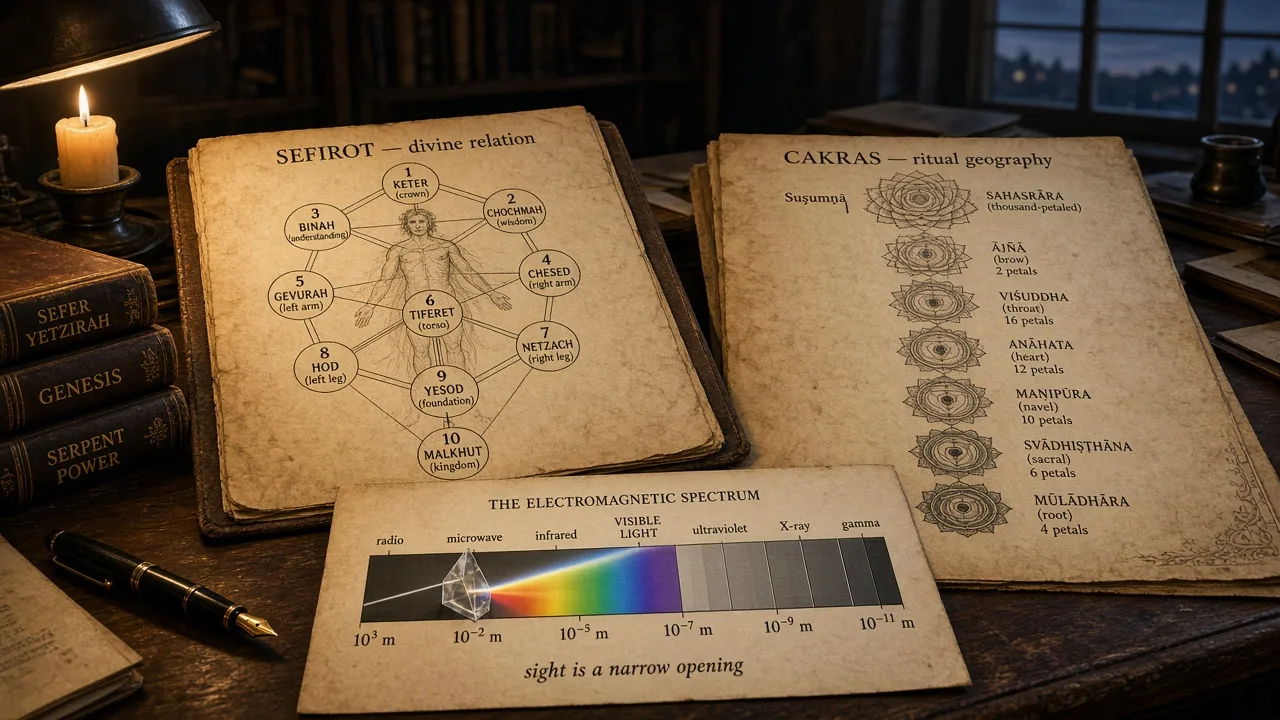 A study desk with two distinct body maps—Kabbalistic sefirot as divine relation and Tantric cakras as ritual geography—beside an electromagnetic spectrum chart where only a narrow band is labeled visible light, with the caption sight is a narrow opening.