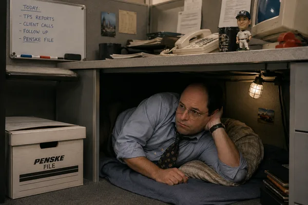 Man resting under an office desk with a clip lamp, Yankees bobblehead, and a Penske File box on the floor.