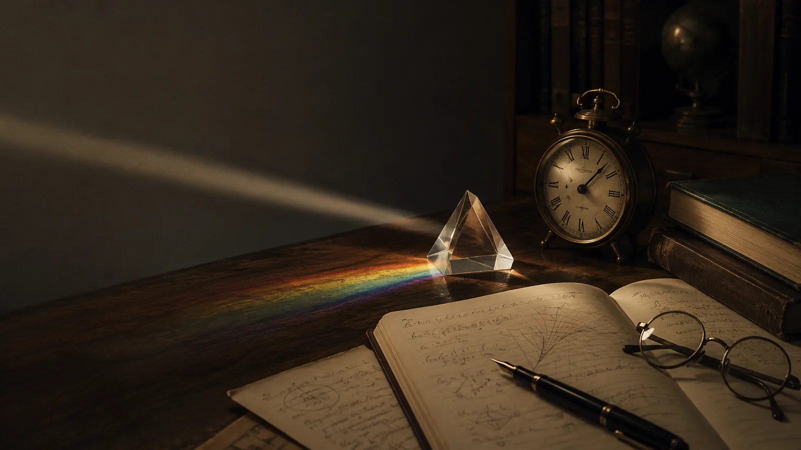 A quiet desk at night with a clock, prism, handwritten notes, and a beam of light splitting into faint color.