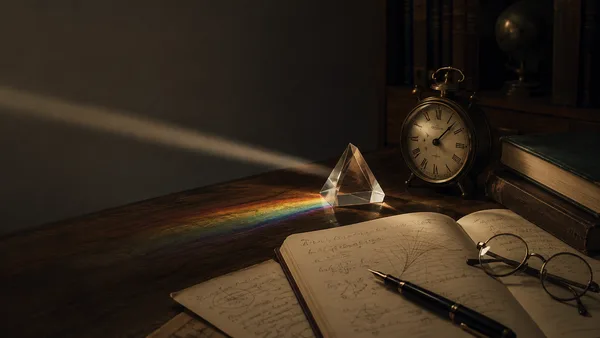A quiet desk at night with a clock, prism, handwritten notes, and a beam of light splitting into faint color.